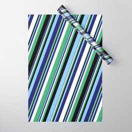 [ Thumbnail: Eyecatching White, Sea Green, Black, Light Sky Blue, and Midnight Blue Colored Stripes Pattern Wrapping Paper ]