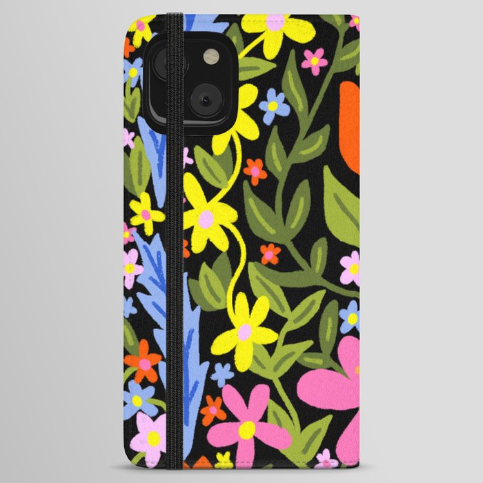 Folk Art Flowers Mountain Floral On Black iPhone Wallet Case