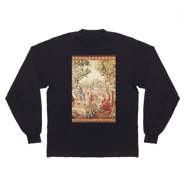 Antique 18th Century Pastoral Family Scene French Aubusson Tapestry Long Sleeve T Shirt