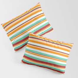 [ Thumbnail: Eye-catching Mint Cream, Aquamarine, Red, Tan & Dark Orange Colored Striped Pattern Pillow Sham ]