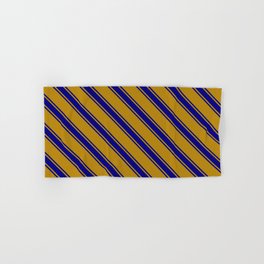 [ Thumbnail: Dark Goldenrod & Blue Colored Stripes Pattern Hand & Bath Towel ]