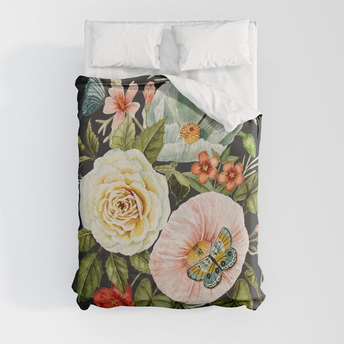 Wildflower and Butterflies Bouquet on Charcoal Black Duvet Cover