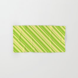 [ Thumbnail: Green and Tan Colored Lined/Striped Pattern Hand & Bath Towel ]