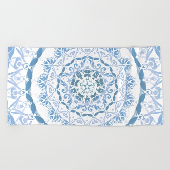 Blue Floral Damask Mandala Beach Towel