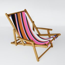 [ Thumbnail: Chocolate, Hot Pink, Mint Cream, Midnight Blue & Black Colored Lines/Stripes Pattern Sling Chair ]