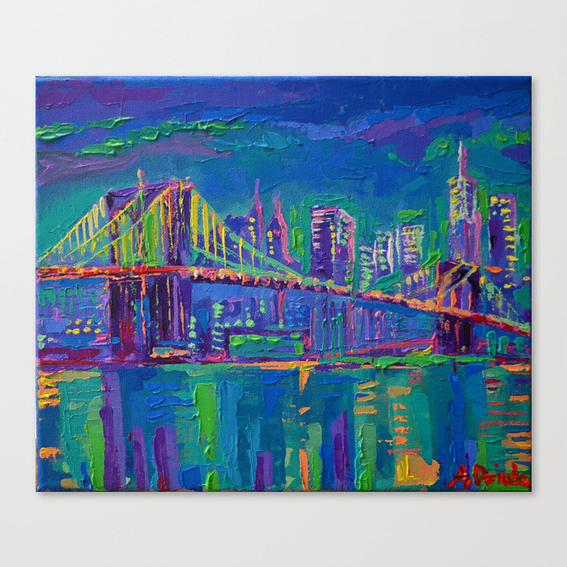 New York City Night Lights Palette Knife Painting Urban Brooklyn