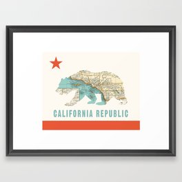 California Bear Flag with Vintage Map Framed Art Print