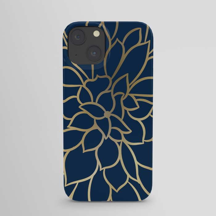 Floral Prints, Line Art, Navy Blue and Gold iPhone Case