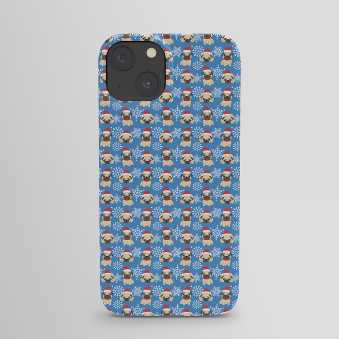 Christmas Pug in Santa Hat with Snowflakes iPhone Case