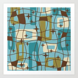 Mid Century Modern Cosmic Squares Pattern 323 Umber Blue and Beige Art Print