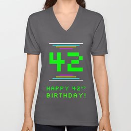 [ Thumbnail: 42nd Birthday - Nerdy Geeky Pixelated 8-Bit Computing Graphics Inspired Look V Neck T Shirt V-Neck T-Shirt ]