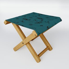 Teal Blue And Black Silhouettes Of Vintage Nautical Pattern Folding Stool