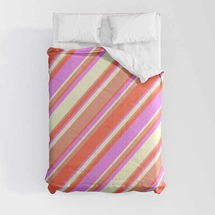 Dark Salmon, Red, Violet, and Light Yellow Colored Lined/Striped Pattern Comforter
