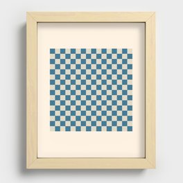Checkerboard Check Checkered Pattern in Boho Blue and Beige Recessed Framed Print