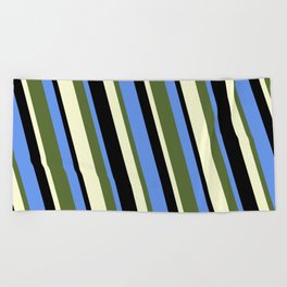 [ Thumbnail: Cornflower Blue, Dark Olive Green, Light Yellow, and Black Colored Lines/Stripes Pattern Beach Towel ]