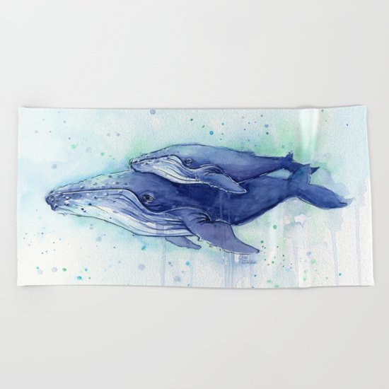 Humpback Whale Watercolor Mom and Baby Painting Whales Sea Creatures Beach Towel