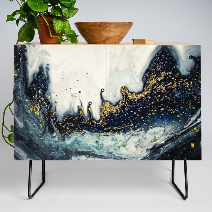 Inky Black + White + Gold Spatter Abstract Waves Credenza