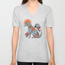 Porcelain Floral Dog – Blue & Coral V Neck T Shirt
