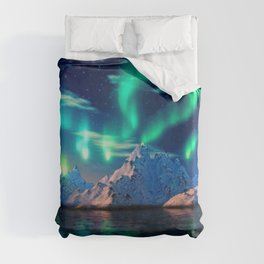 Northern Lights On Snowy Mountains | Aurora Borealis | Night Sky | Winter | Scenic | Nature Photography Art Duvet Cover