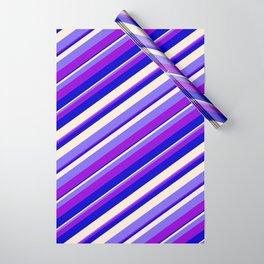 [ Thumbnail: Beige, Medium Slate Blue, Dark Violet & Blue Colored Stripes Pattern Wrapping Paper ]