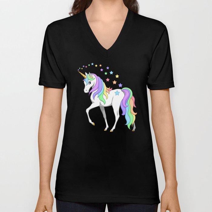 Pretty Rainbow Unicorn and Stars V Neck T Shirt