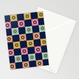 Bright block print flower checks - retro- navy, hot pink, yellow, orange Stationery Card