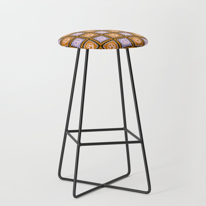 Funky Checkered Smileys and Peace Symbol Pattern (Dark Brown, Ginger Brown, Lilac, Muted Pink) Bar Stool