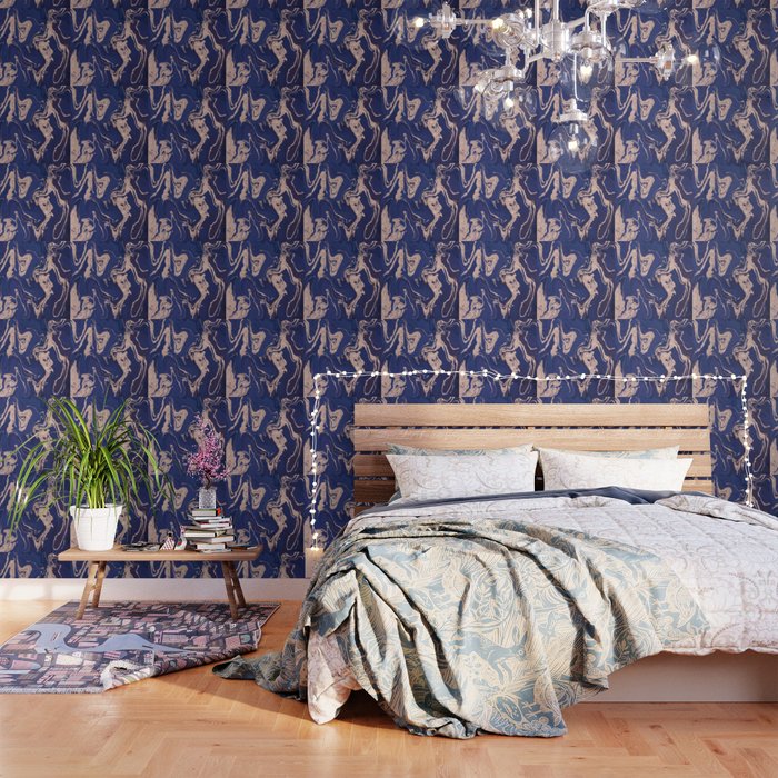 Modern Rose Gold Glitter Navy Blue Marble Wallpaper By Girlytrend