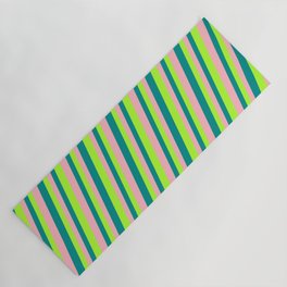 [ Thumbnail: Dark Cyan, Light Green, and Light Pink Colored Lined Pattern Yoga Mat ]