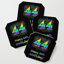 [ Thumbnail: 44th Birthday - Fun Rainbow Spectrum Gradient Pattern Text, Bursting Fireworks Inspired Background Coaster ]