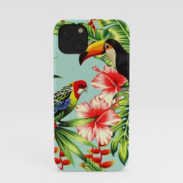 tropic bird toucan multicolor parrot background exotic flower hibiscus palm leaf summer floral plant nature animals wallpaper pattern iPhone Case