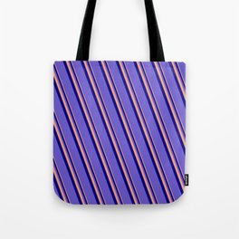 [ Thumbnail: Light Salmon, Blue, and Slate Blue Colored Stripes Pattern Tote Bag ]