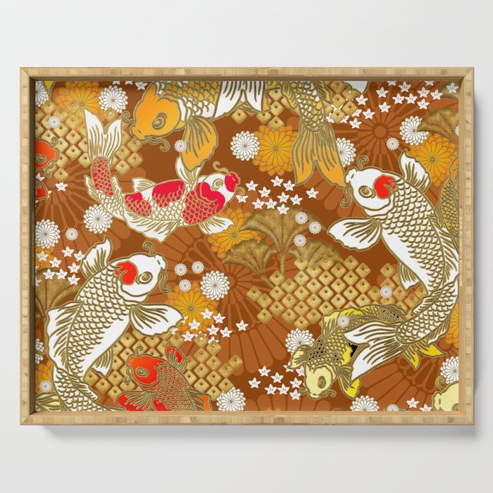 Japanese Koi pattern on Rust color backdrop Serving Tray
