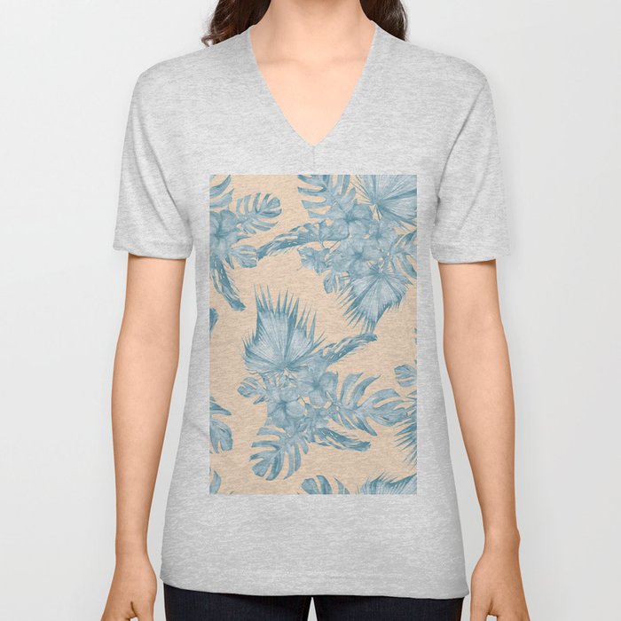 Tropical Flowers and Leaves Blue on Peach Coral V Neck T Shirt
