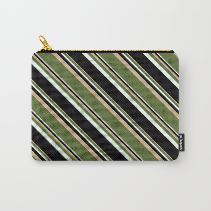 Tan, Dark Olive Green, Mint Cream & Black Colored Stripes Pattern Carry-All Pouch