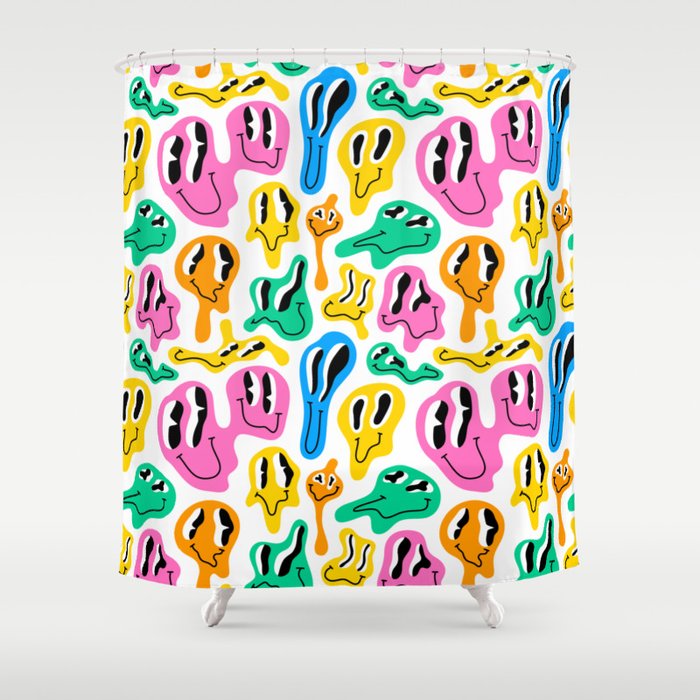 Funny melted smiling happy face colorful cartoon seamless pattern Shower Curtain