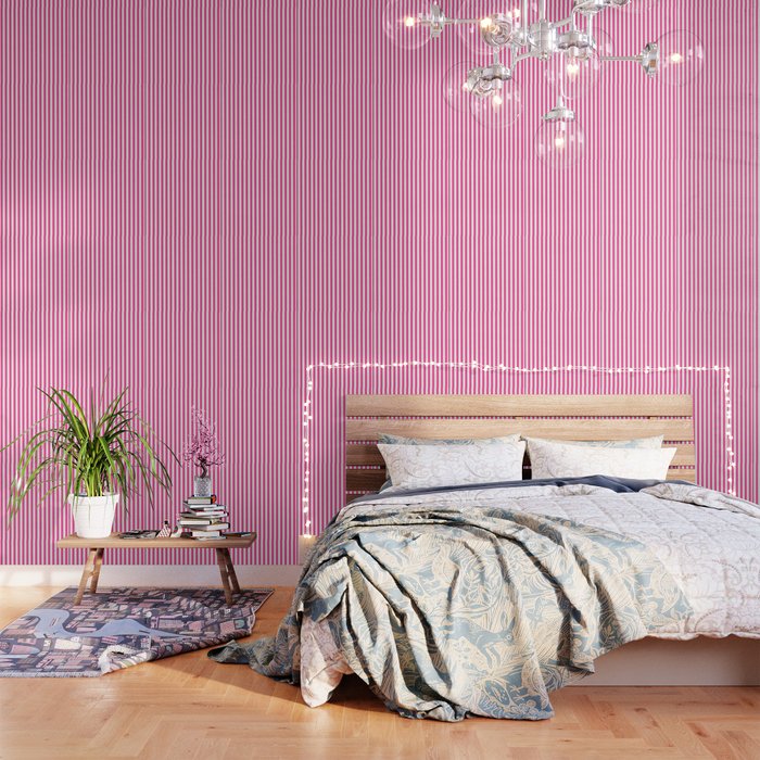 Neon pink white minimalist geometrical stripes Wallpaper by Pink