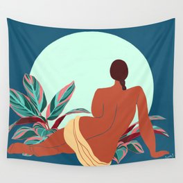 Moon bathing. Woman and Calathea Triostar Wall Tapestry