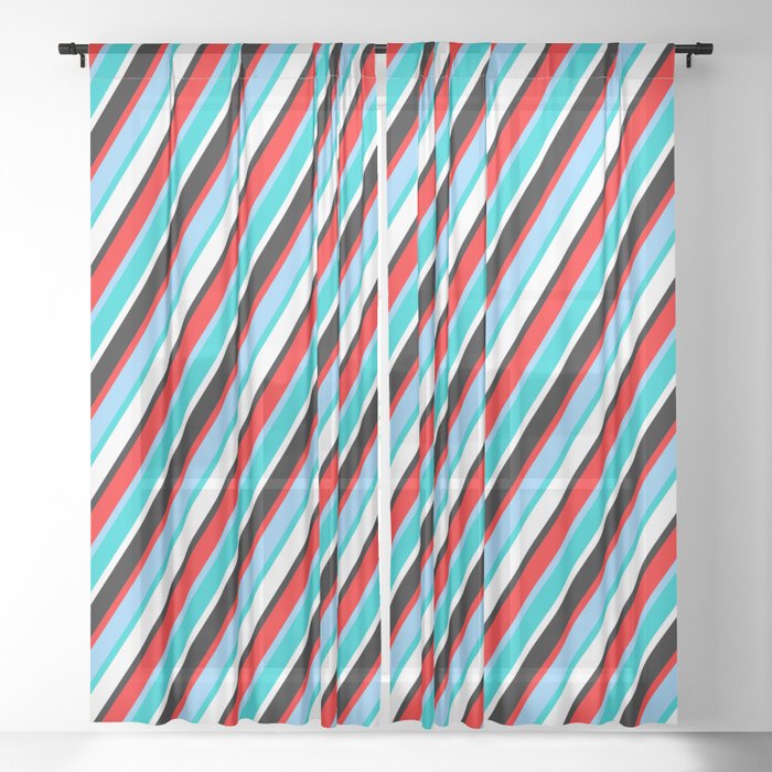 Eyecatching Red, Light Sky Blue, Dark Turquoise, White & Black Colored Lined/Striped Pattern Sheer Curtain