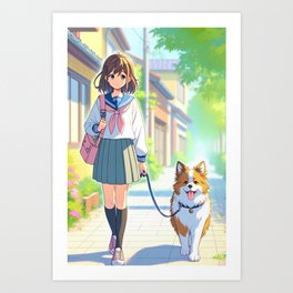 Anime Teen Walking Her Dog Art Print