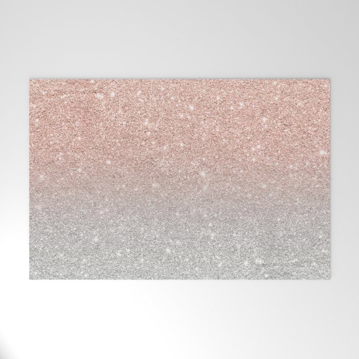 Modern Trendy Rose Gold Glitter Ombre Silver Glitter Welcome Mat