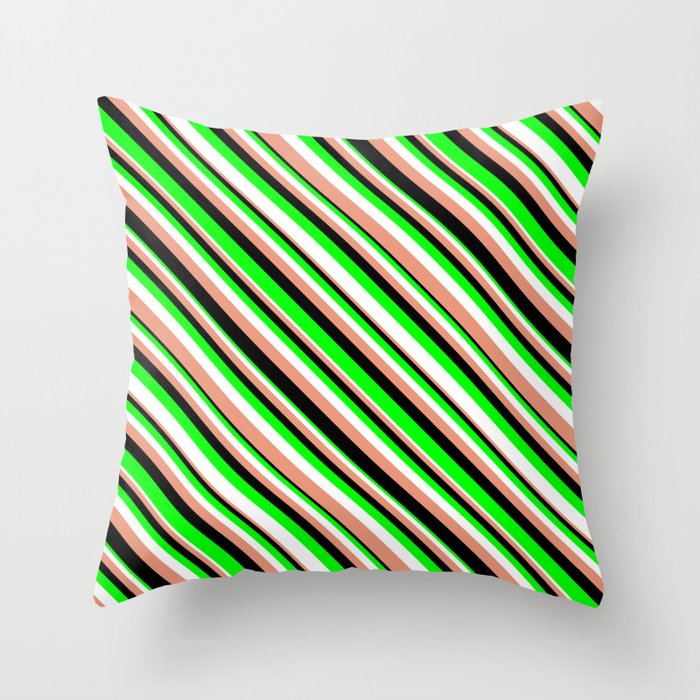 Lime, White, Dark Salmon, and Black Colored Pattern of Stripes Throw Pillow