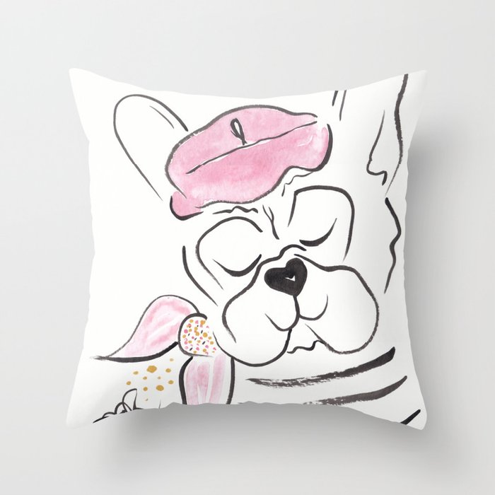 French Bulldog with Beret and Stripes Throw Pillow
