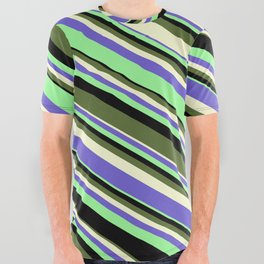 [ Thumbnail: Eye-catching Green, Black, Dark Olive Green, Light Yellow, and Slate Blue Colored Stripes Pattern All Over Graphic Tee ]