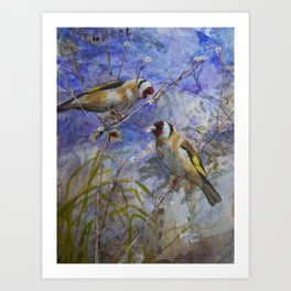 Goldfinches collecting nesting materials Art Print