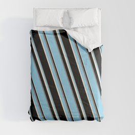 [ Thumbnail: Sky Blue, Beige, Black, and Grey Colored Stripes Pattern Comforter ]