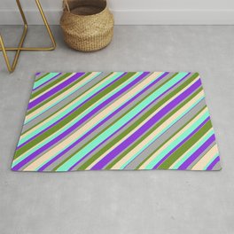 [ Thumbnail: Green, Bisque, Aquamarine, Purple & Dark Gray Colored Stripes Pattern Rug ]