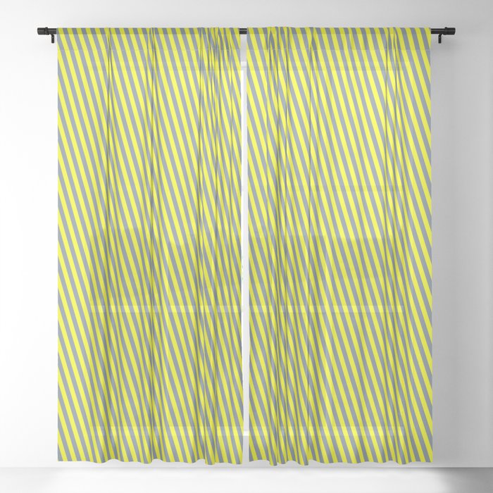 Slate Gray & Yellow Colored Stripes Pattern Sheer Curtain