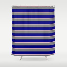 [ Thumbnail: Grey, Blue, and Light Pink Colored Striped/Lined Pattern Shower Curtain ]