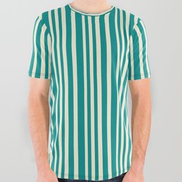 [ Thumbnail: Beige and Dark Cyan Colored Lined Pattern All Over Graphic Tee ]